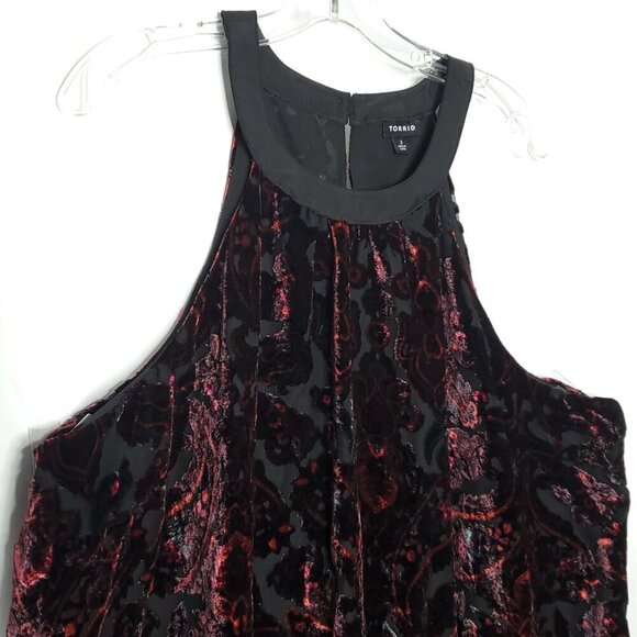 Torrid Tank Halter Top 3 Red Black Floral Paisley Velvet Burnout Whimsigoth - Picture 3 of 9